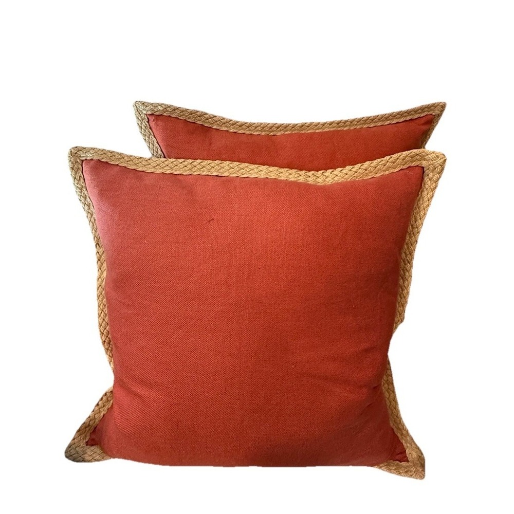 2x Pottery‎ Barn 20x20 Linen Pillows Coral Terracotta Unique Sage Jute Trim Zip